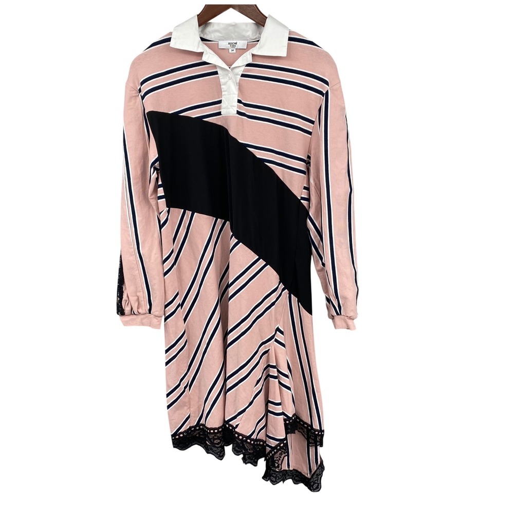 KOCHÉ Pink Striped Rugby‎ Collar Dress Black Lace Size 34 Preppy Asymmetrical XS